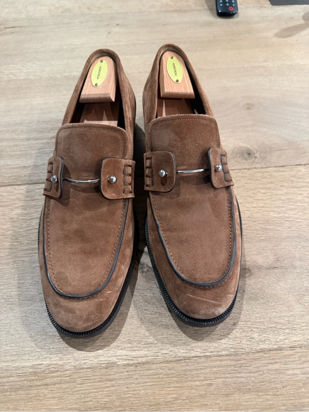 Christian Louboutin Brown Suede Slip-On Loafers with Metal Bit